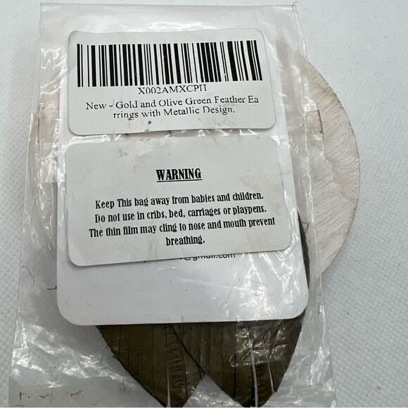 New Tiley and Bells Olive Green and Gold Feather Earring with Metallic Design - Picture 2 of 6